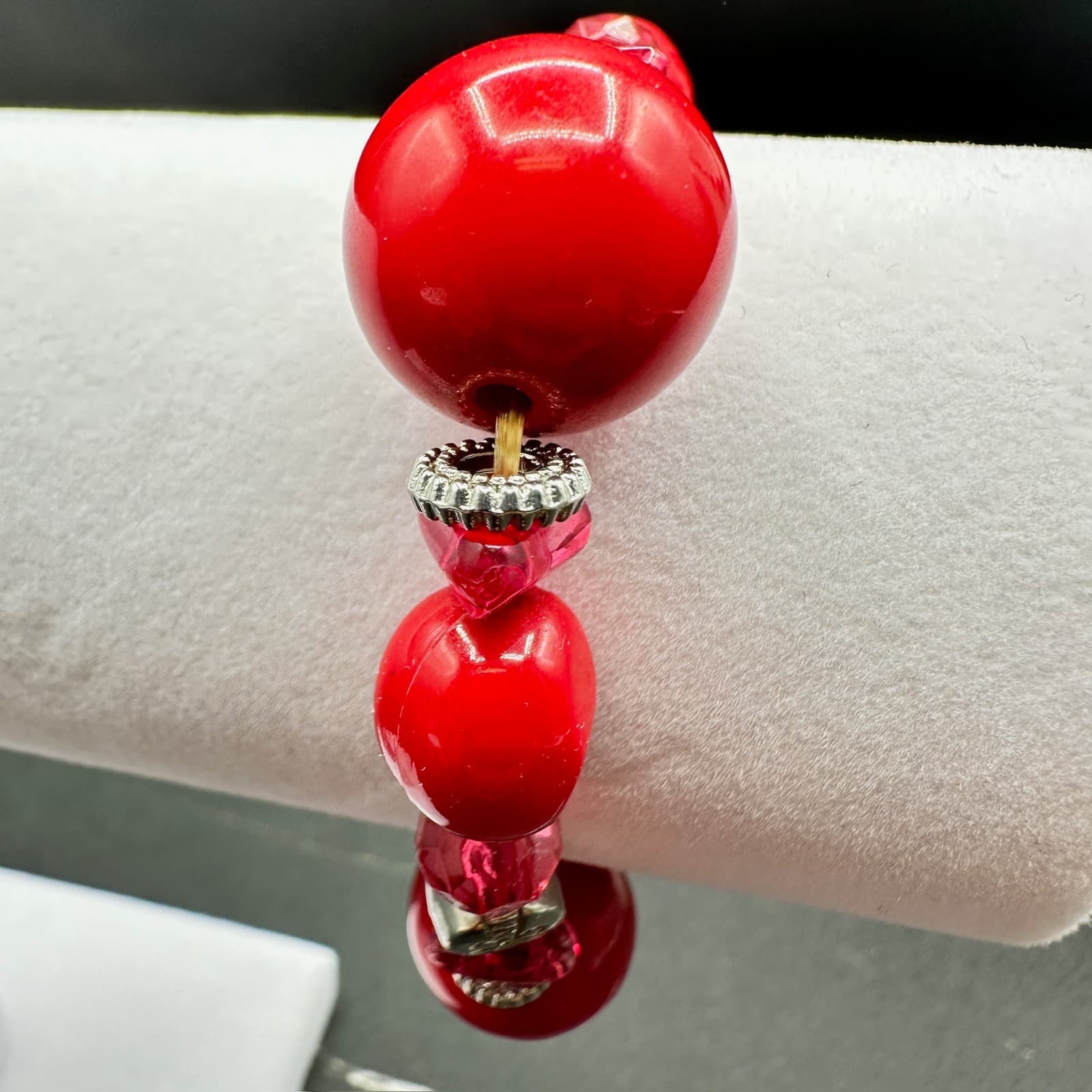 Vintage Guess Red Glass Pink Crystal Beaded Silver-Tone Necklace Bracelet Set - Thumbnail 11
