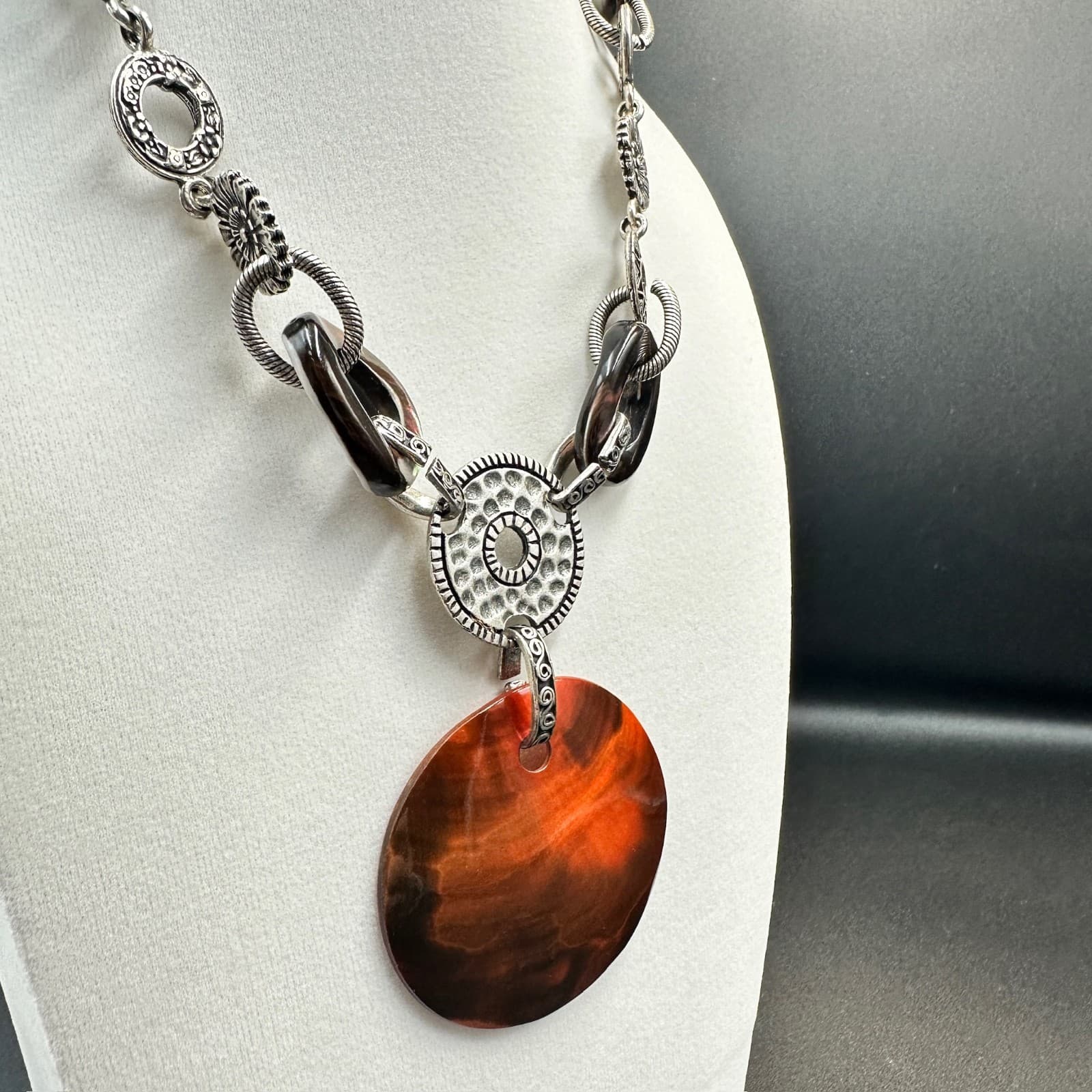 Vintage Chico's Orange Silver-Tone Lobster Coin Pendant Statement Necklace - Thumbnail 8