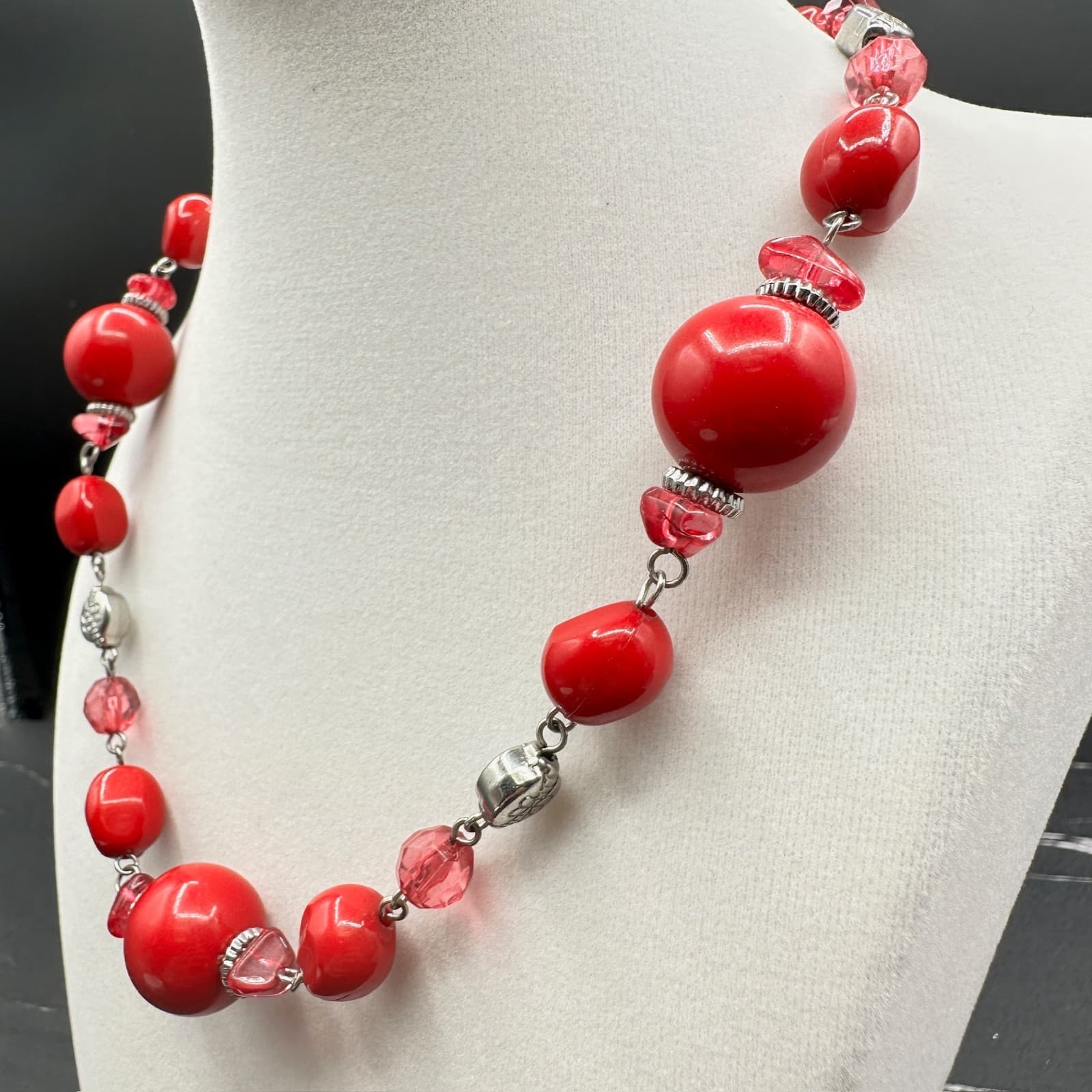 Vintage Guess Red Glass Pink Crystal Beaded Silver-Tone Necklace Bracelet Set - Thumbnail 4