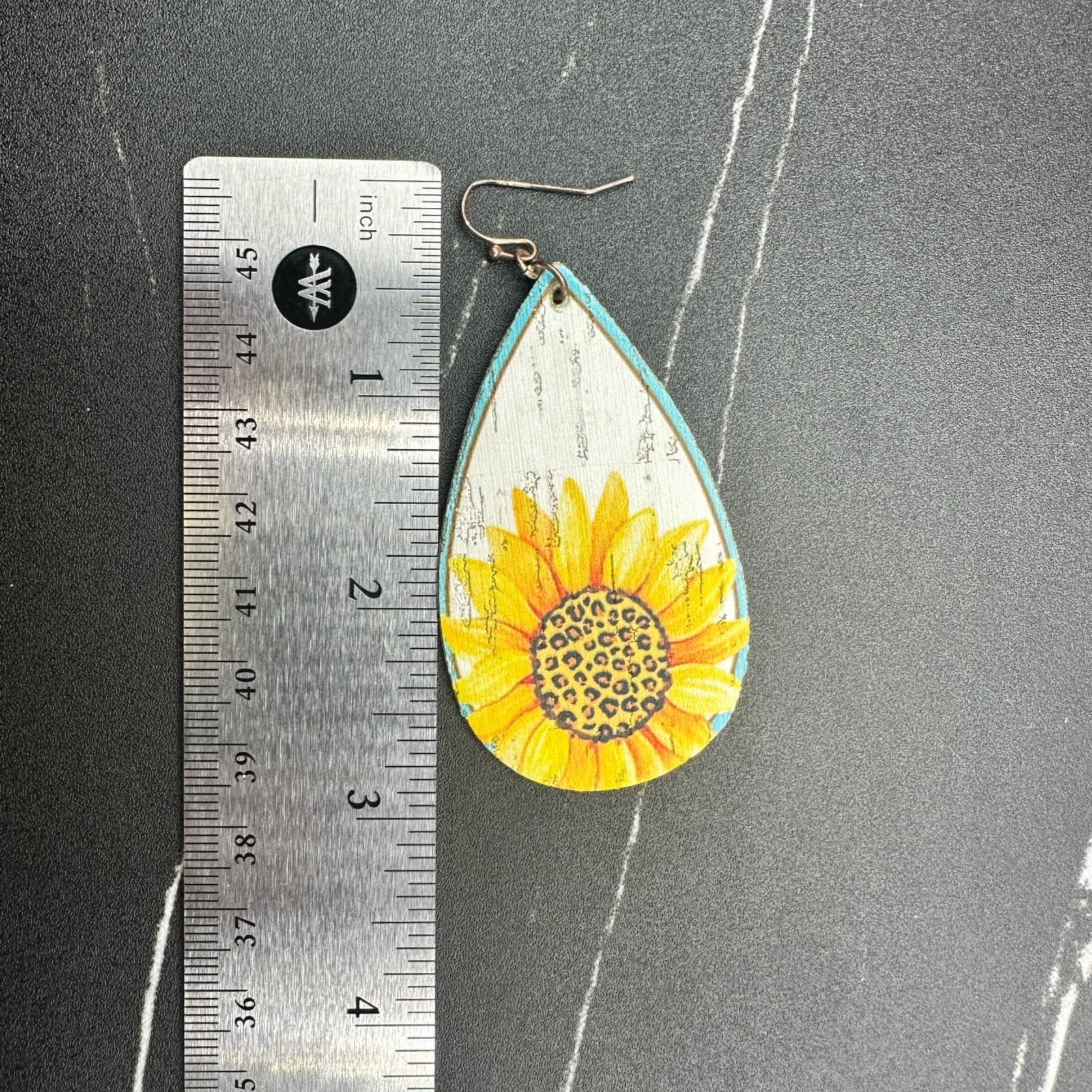 Sunflower Teardrop Dangle Earrings Wood Faux Leather Rustic Yellow Boho Country - Thumbnail 8