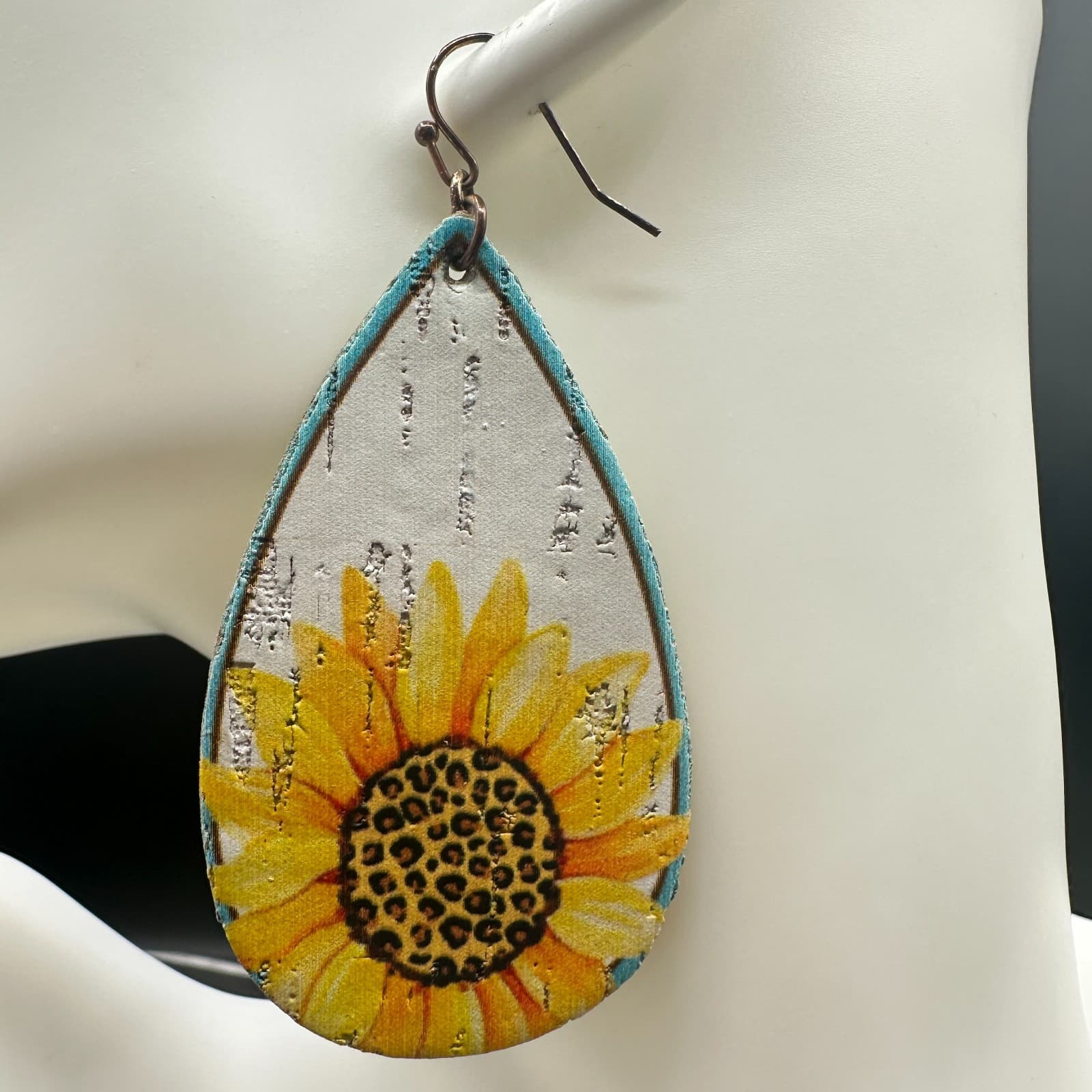 Sunflower Teardrop Dangle Earrings Wood Faux Leather Rustic Yellow Boho Country - Thumbnail 2