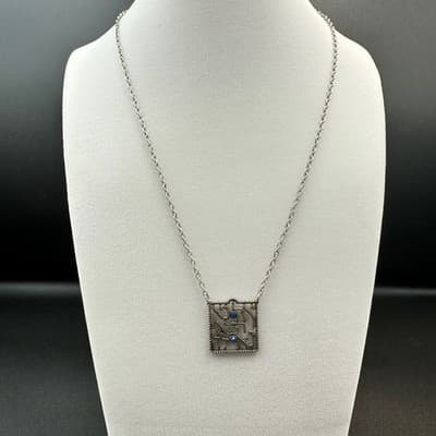 Vintage Rhinestone Silver-Tone Fashion Rare Filigree Square Pendant Necklace - Thumbnail 2