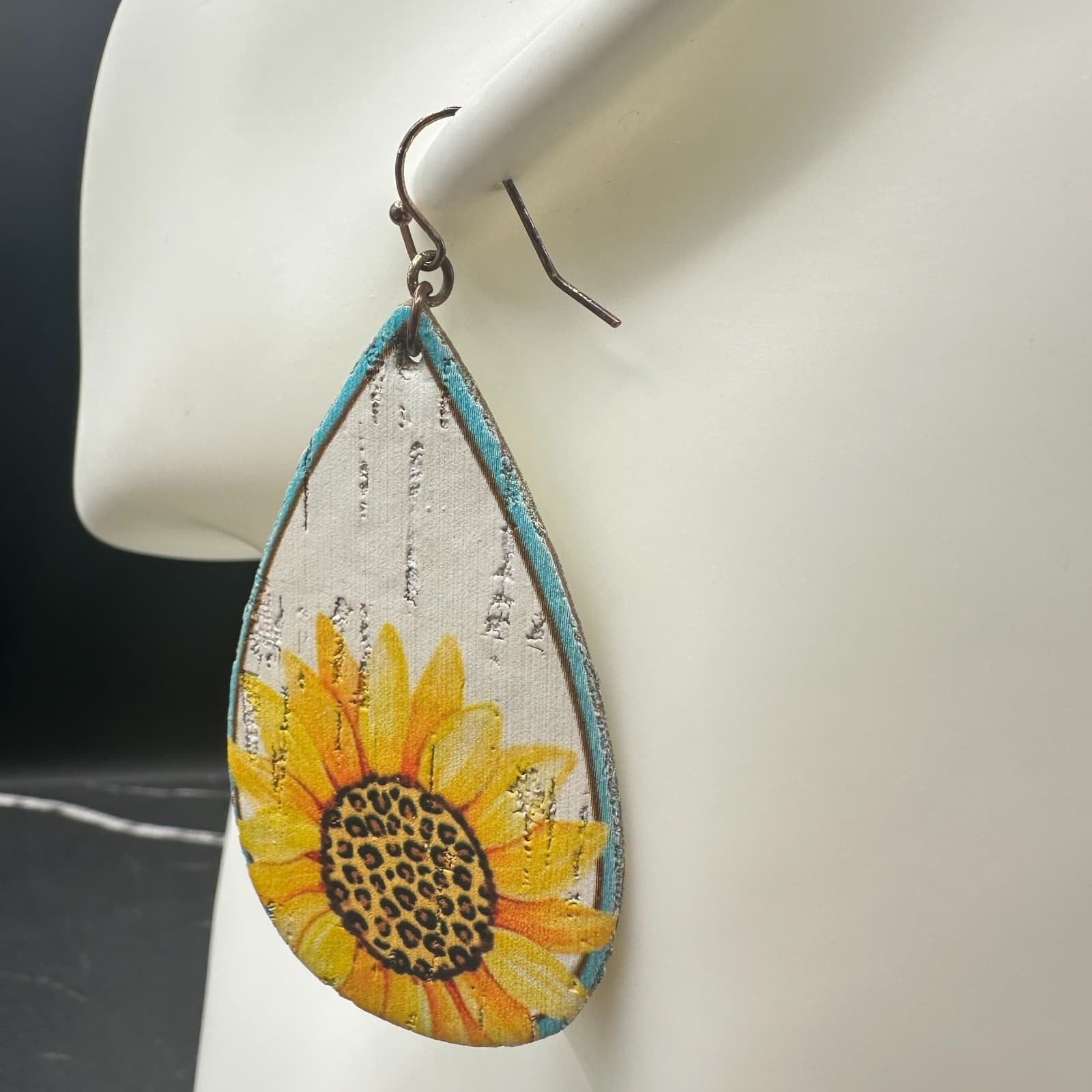 Sunflower Teardrop Dangle Earrings Wood Faux Leather Rustic Yellow Boho Country - Thumbnail 3