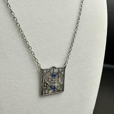 Vintage Rhinestone Silver-Tone Fashion Rare Filigree Square Pendant Necklace - Thumbnail 6