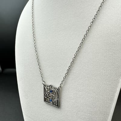 Vintage Rhinestone Silver-Tone Fashion Rare Filigree Square Pendant Necklace - Thumbnail 4