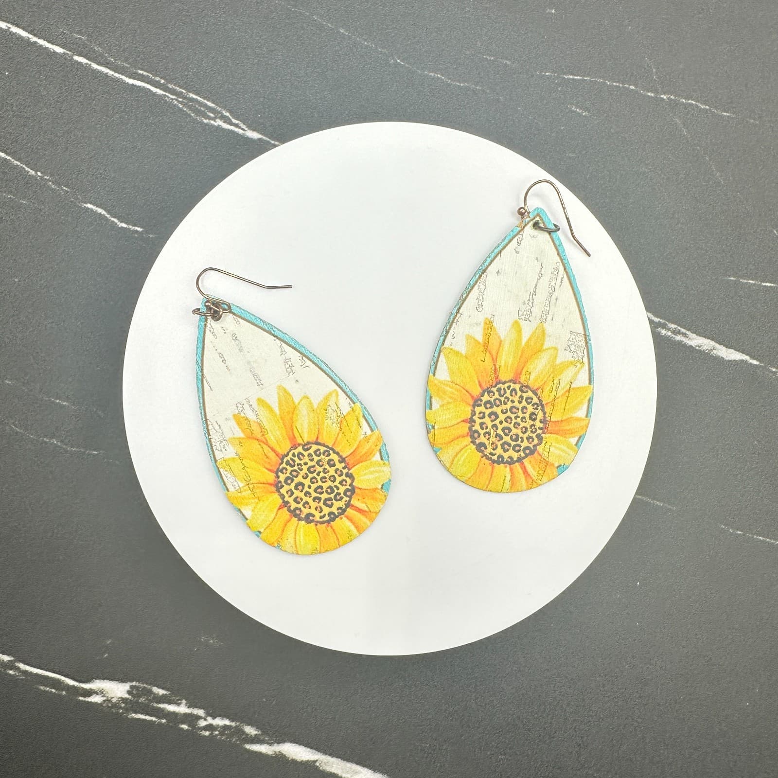 Sunflower Teardrop Dangle Earrings Wood Faux Leather Rustic Yellow Boho Country - Thumbnail 6