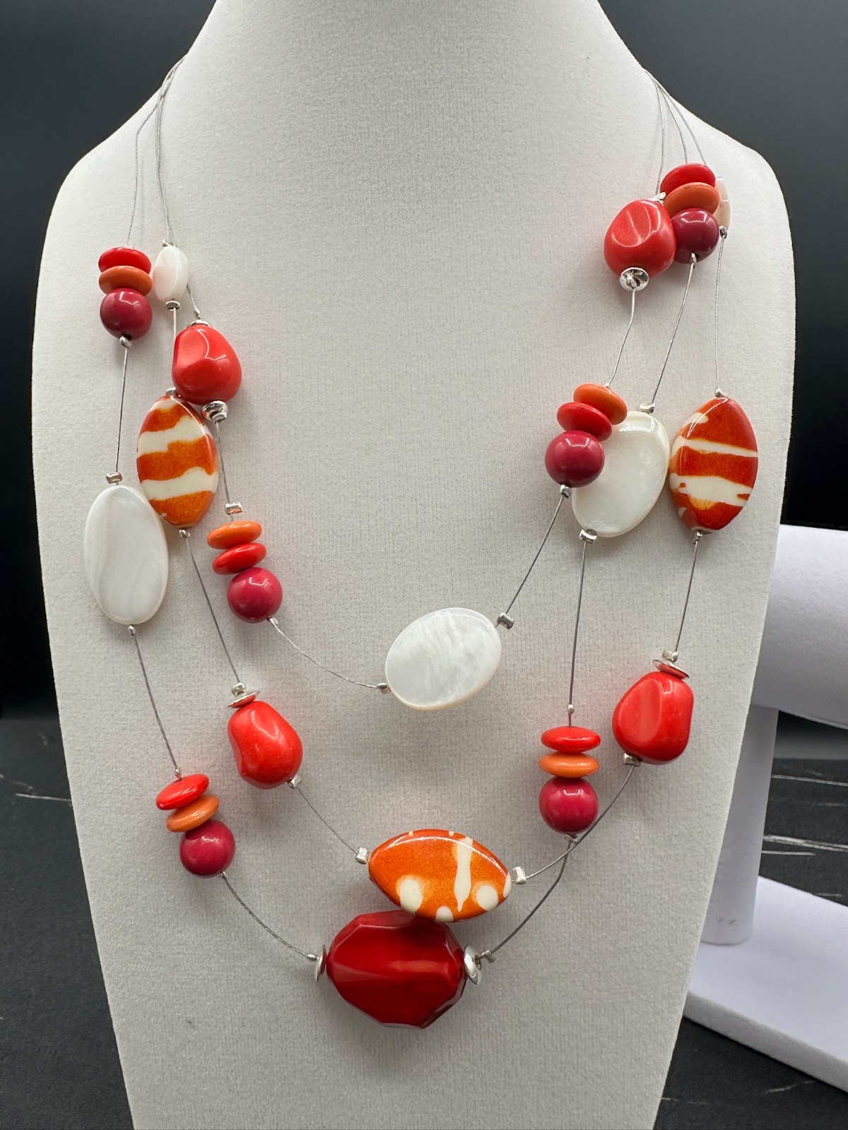 Vintage Silver-Tone Red Shell Triple-Strand Beaded Station Necklace Bracelet Set - Thumbnail 2