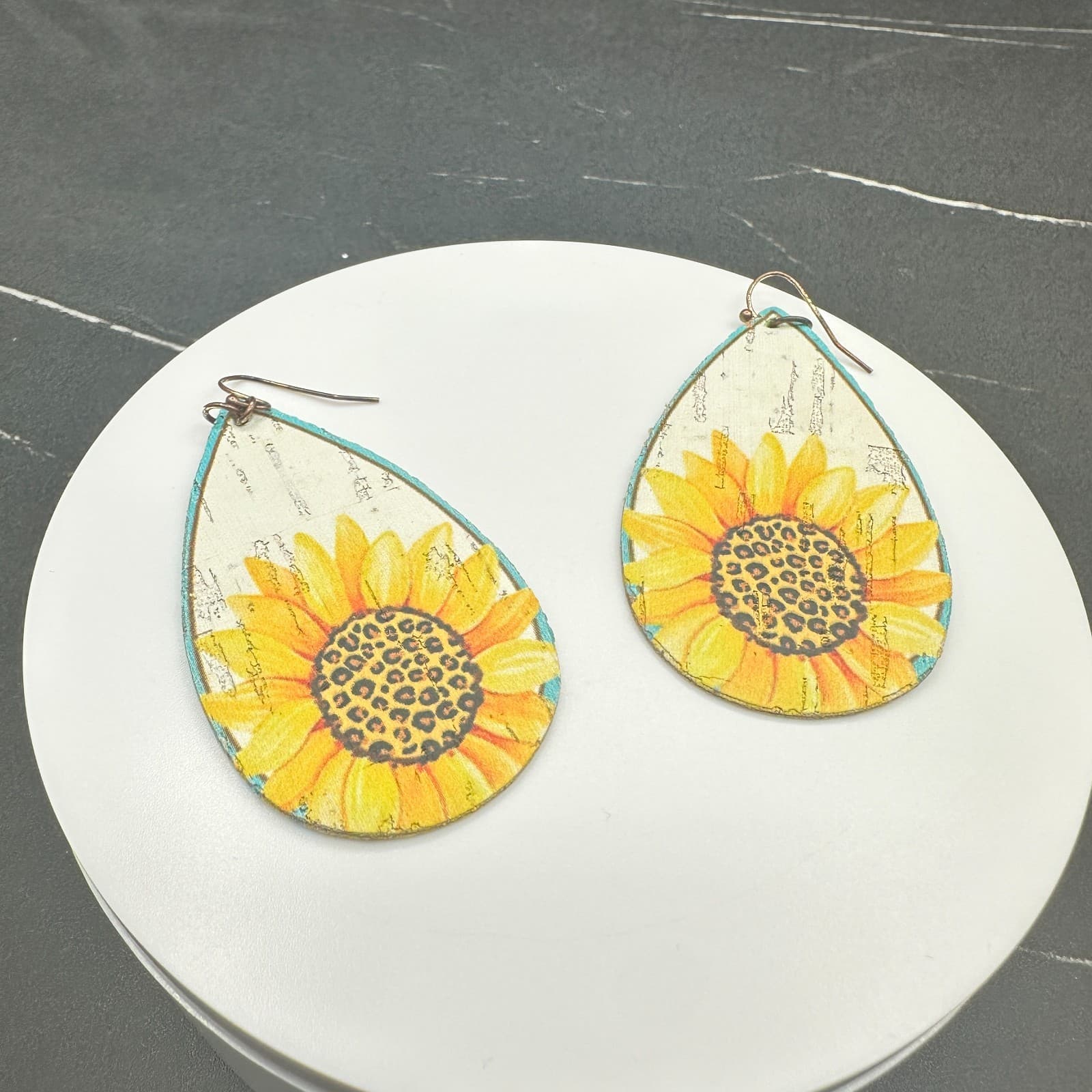 Sunflower Teardrop Dangle Earrings Wood Faux Leather Rustic Yellow Boho Country - Thumbnail 7