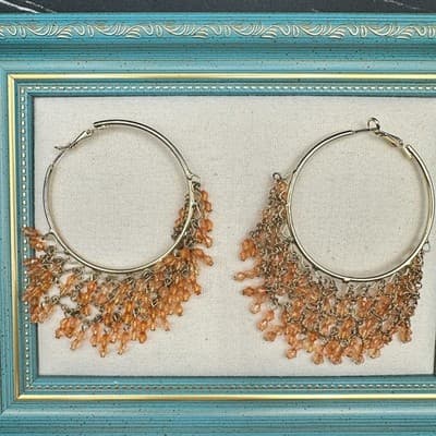 Peach Silver Checkerboard Drop Earrings Silver Tone Geometric Mosaic Dangle - Thumbnail 2