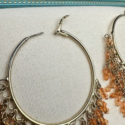 Peach Silver Checkerboard Drop Earrings Silver Tone Geometric Mosaic Dangle - Thumbnail 6