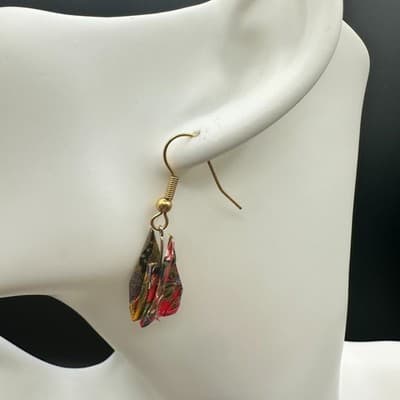 Vintage 90s Gold Tone Handmade Origami Paper Dangle Earrings Japanese Floral Red - Thumbnail 2
