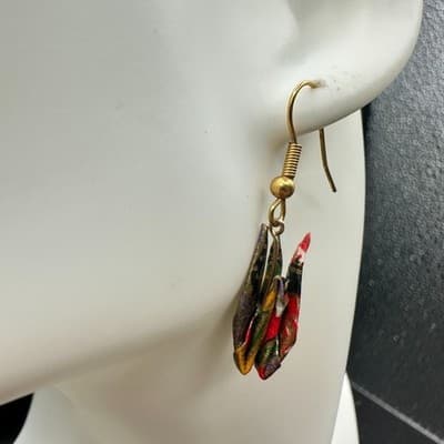 Vintage 90s Gold Tone Handmade Origami Paper Dangle Earrings Japanese Floral Red - Thumbnail 4