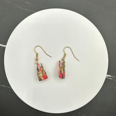 Vintage 90s Gold Tone Handmade Origami Paper Dangle Earrings Japanese Floral Red - Thumbnail 5