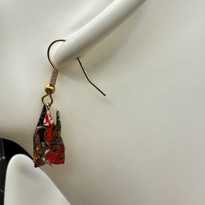 Vintage 90s Gold Tone Handmade Origami Paper Dangle Earrings Japanese Floral Red - Thumbnail 3
