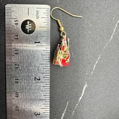 Vintage 90s Gold Tone Handmade Origami Paper Dangle Earrings Japanese Floral Red - Thumbnail 7