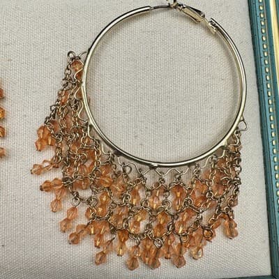 Peach Silver Checkerboard Drop Earrings Silver Tone Geometric Mosaic Dangle - Thumbnail 5