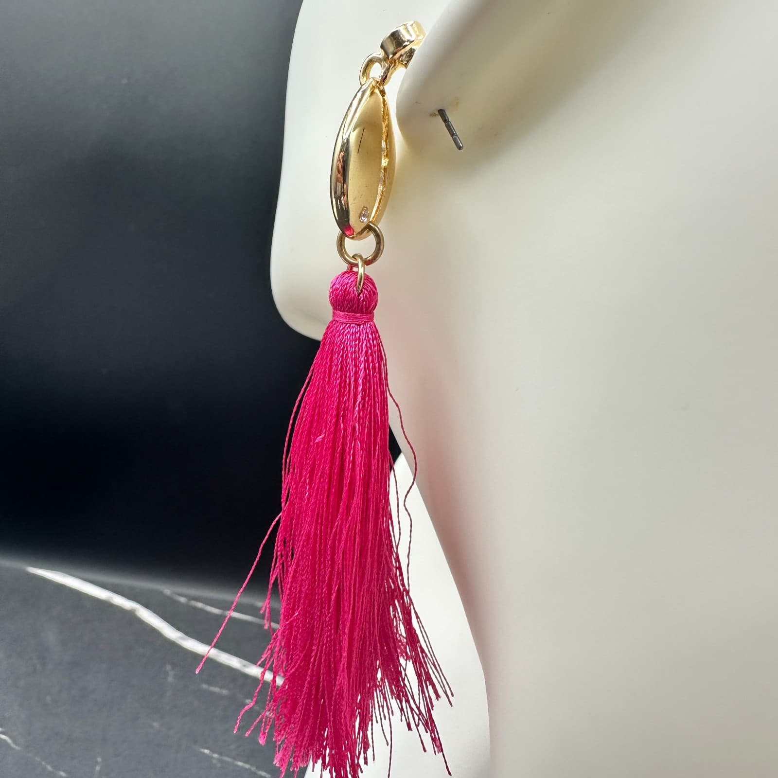Vintage 90s Gold Tone Cowrie Shell Neon Pink Tassel Drop Earrings Jewelry - Thumbnail 6