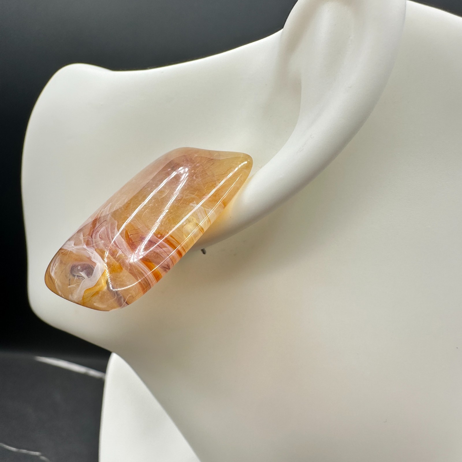 Vintage 90s Amber Peach Swirl Rectangle Stud Earrings Women's Classic Jewelry - Thumbnail 3