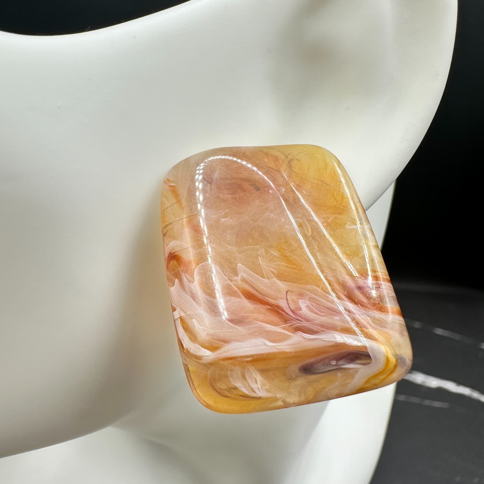 Vintage 90s Amber Peach Swirl Rectangle Stud Earrings Women's Classic Jewelry - Thumbnail 5