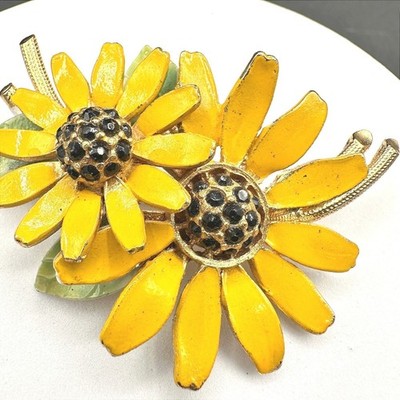 Vintage BSK Rhinestones Yellow Gold-Tone Vitreous Enamel Sunflower Brooch Pin - Thumbnail 2