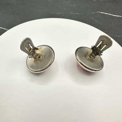 Vintage Gold-Tone Classic Red Dome Cabochon Red Coral Stud Clip-On Earrings - Thumbnail 7
