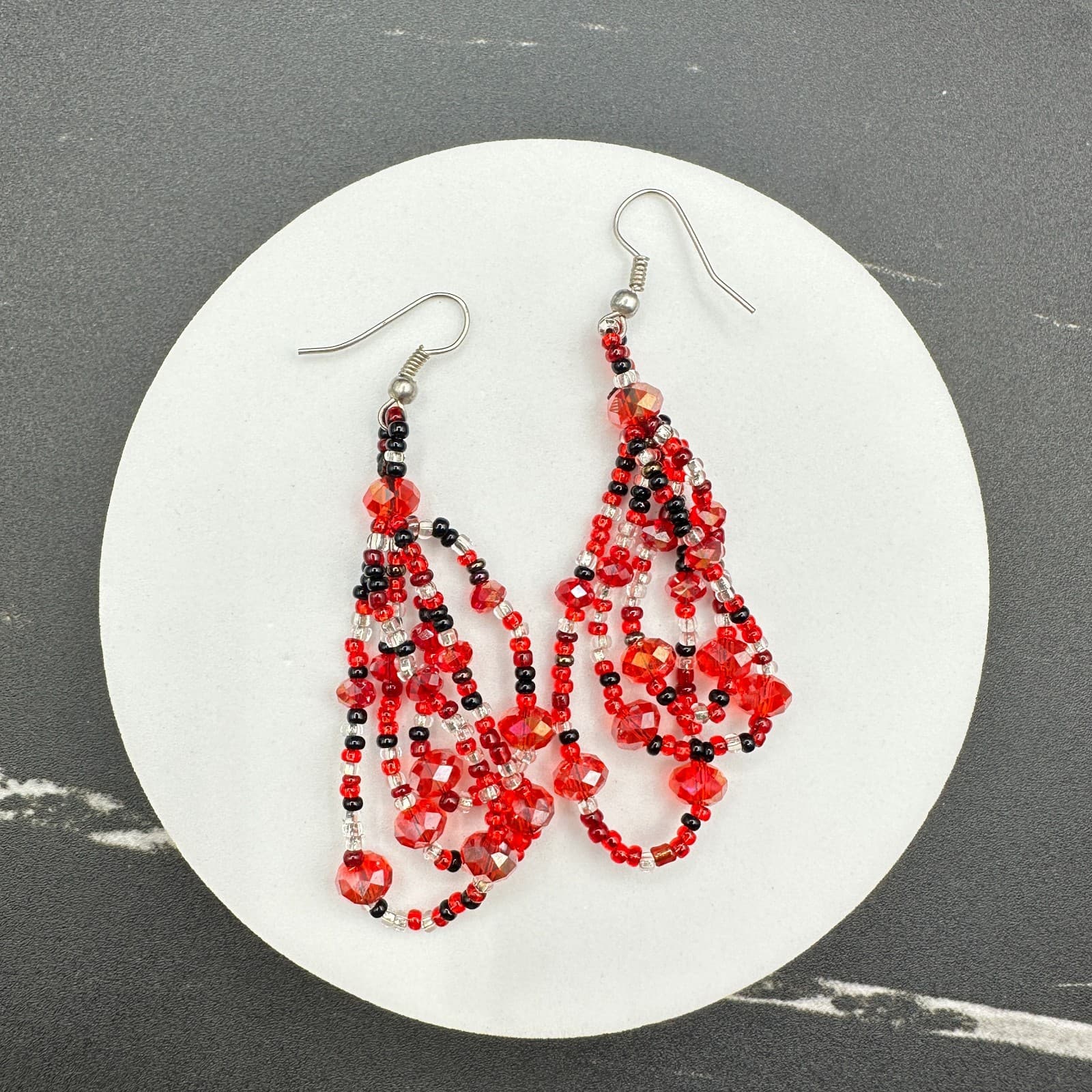 Contemporary Red Plastic Glass Faceted Beaded Dangle Spiral French Wire Earrings - Thumbnail 8