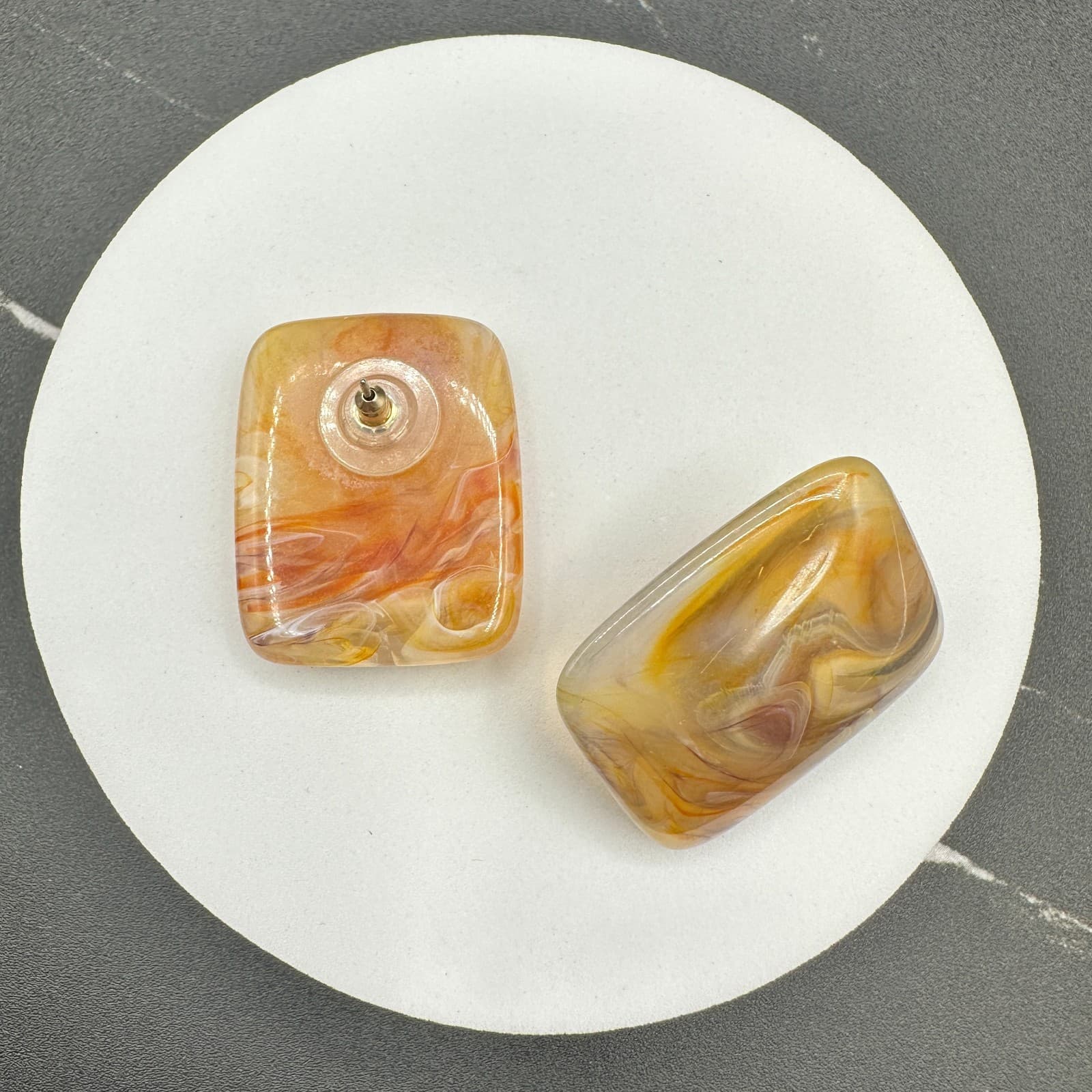 Vintage 90s Amber Peach Swirl Rectangle Stud Earrings Women's Classic Jewelry - Thumbnail 9