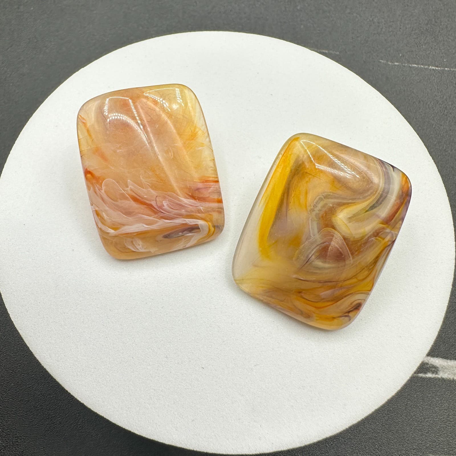 Vintage 90s Amber Peach Swirl Rectangle Stud Earrings Women's Classic Jewelry - Thumbnail 7