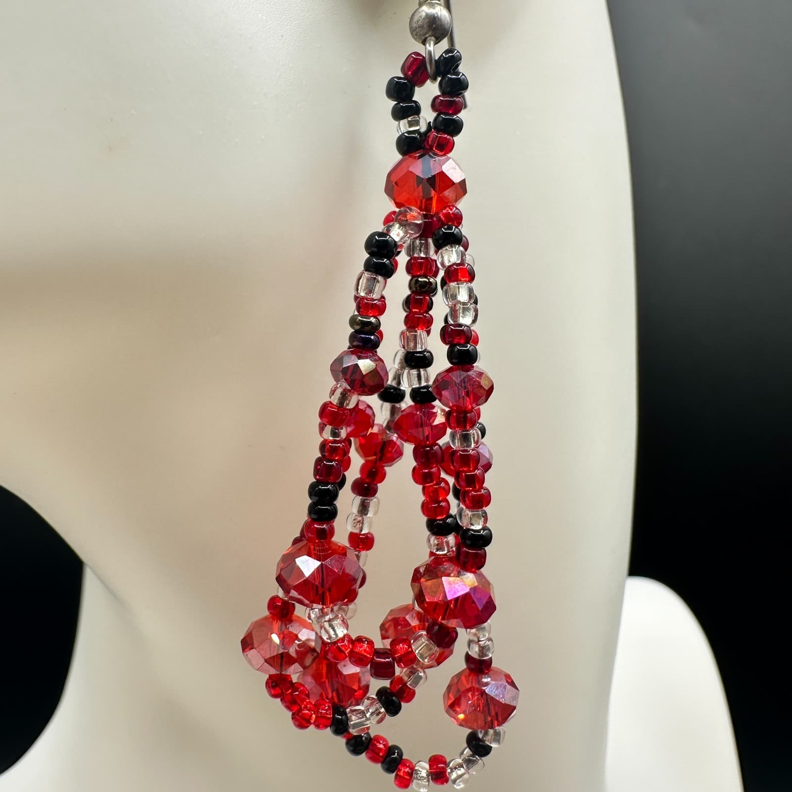 Contemporary Red Plastic Glass Faceted Beaded Dangle Spiral French Wire Earrings - Thumbnail 3