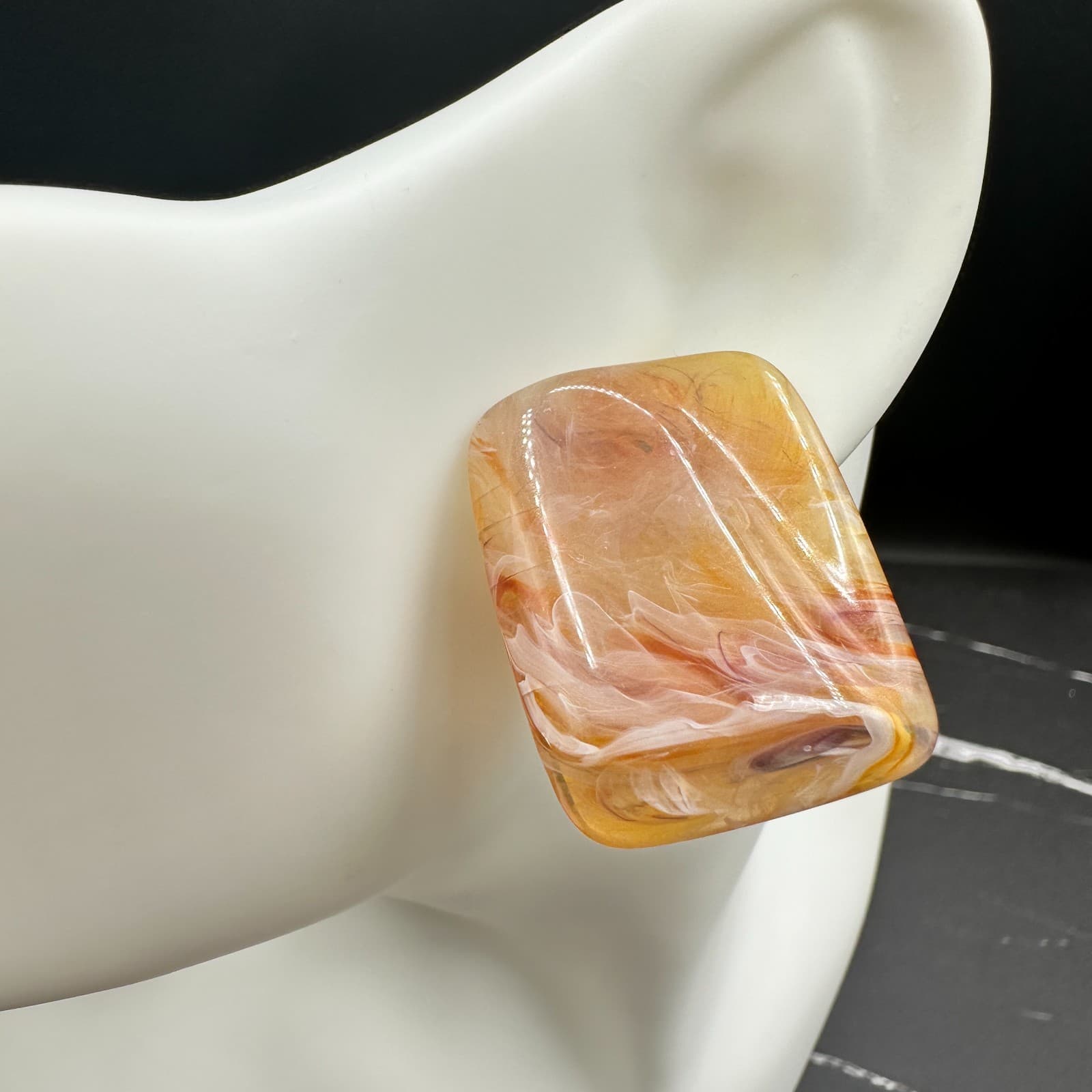 Vintage 90s Amber Peach Swirl Rectangle Stud Earrings Women's Classic Jewelry - Thumbnail 2
