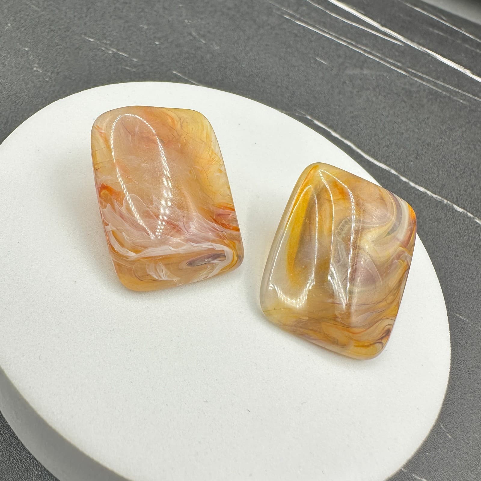 Vintage 90s Amber Peach Swirl Rectangle Stud Earrings Women's Classic Jewelry - Thumbnail 8