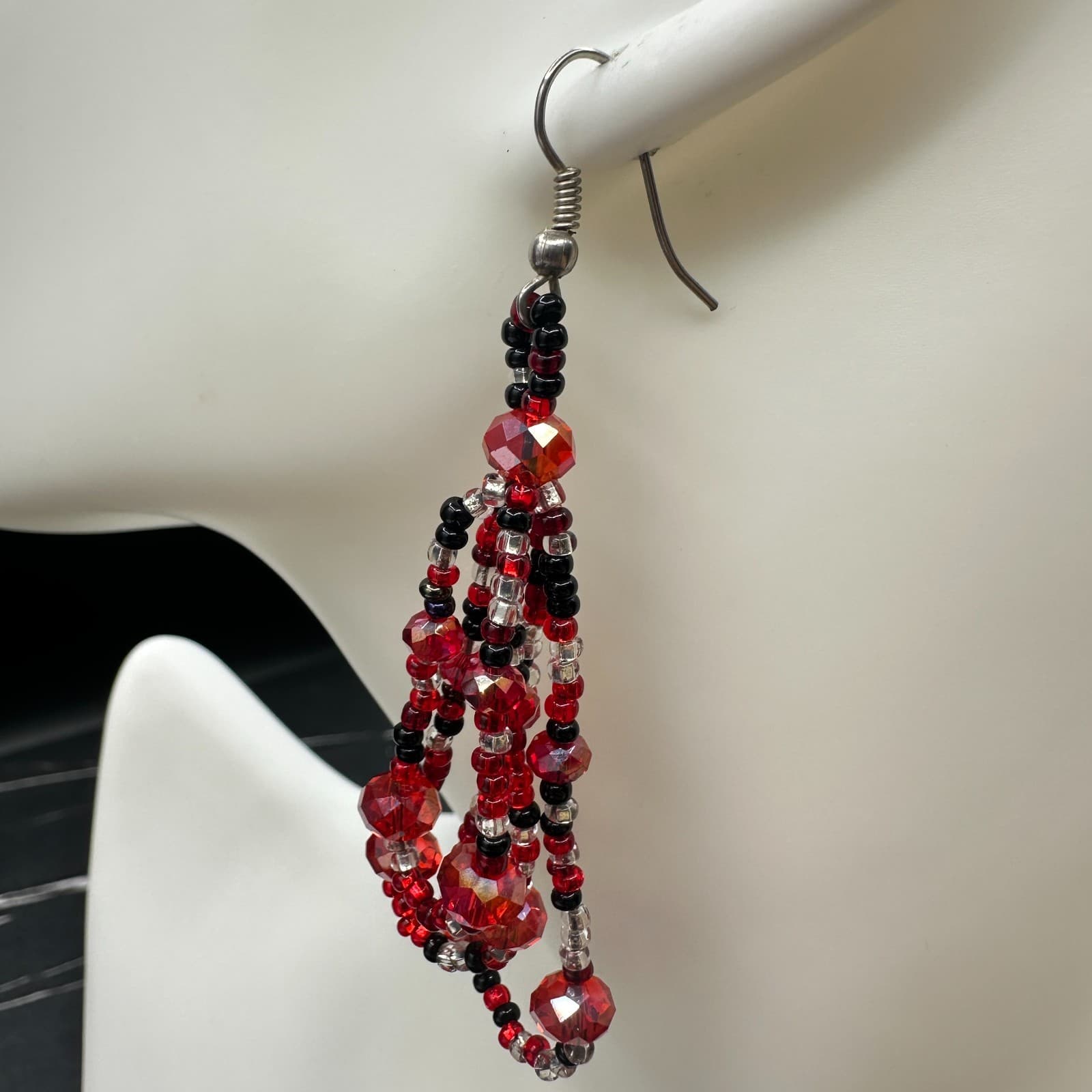 Contemporary Red Plastic Glass Faceted Beaded Dangle Spiral French Wire Earrings - Thumbnail 7
