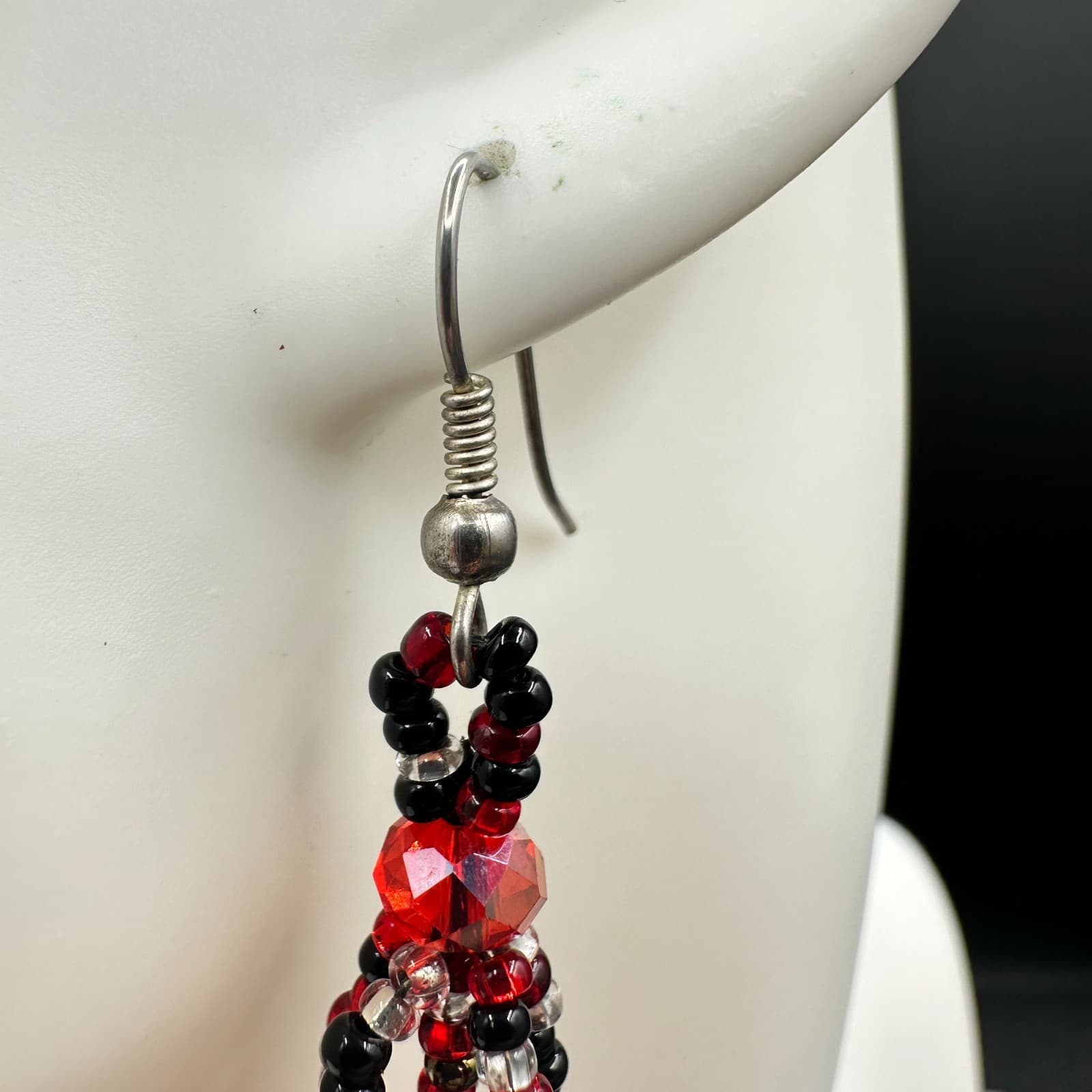 Contemporary Red Plastic Glass Faceted Beaded Dangle Spiral French Wire Earrings - Thumbnail 5
