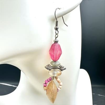Vintage 90s Silver Tone Beaded Drop Earrings Boho Women's Classic Jewelry - Thumbnail 2