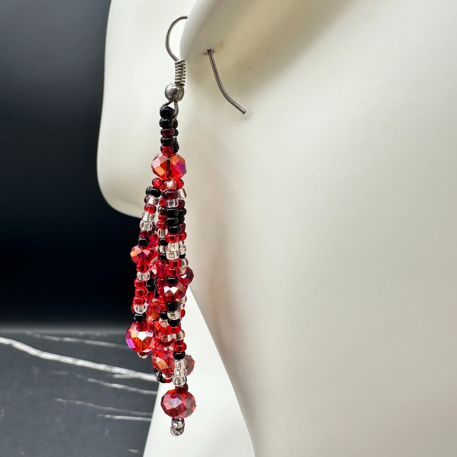 Contemporary Red Plastic Glass Faceted Beaded Dangle Spiral French Wire Earrings - Thumbnail 6