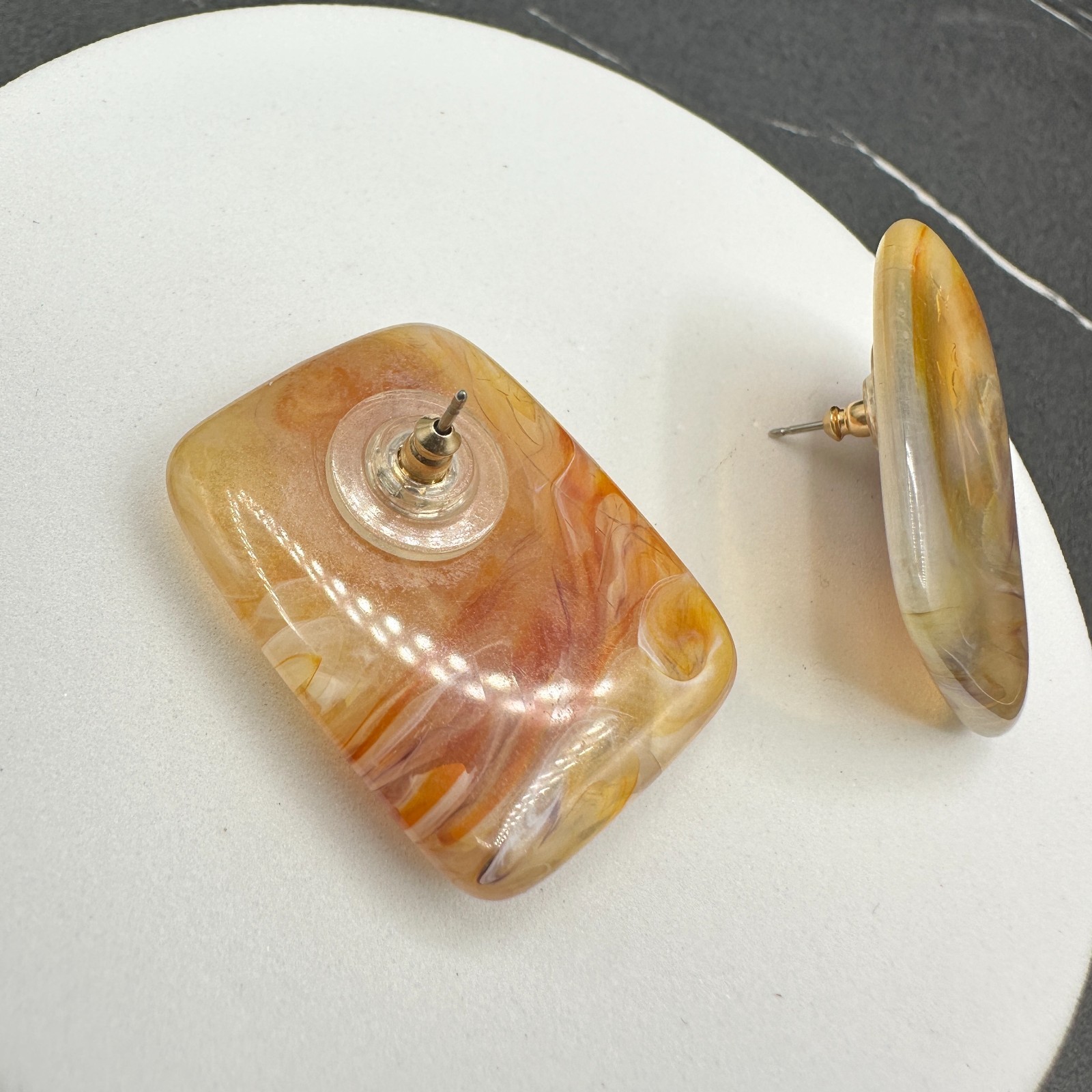 Vintage 90s Amber Peach Swirl Rectangle Stud Earrings Women's Classic Jewelry - Thumbnail 10