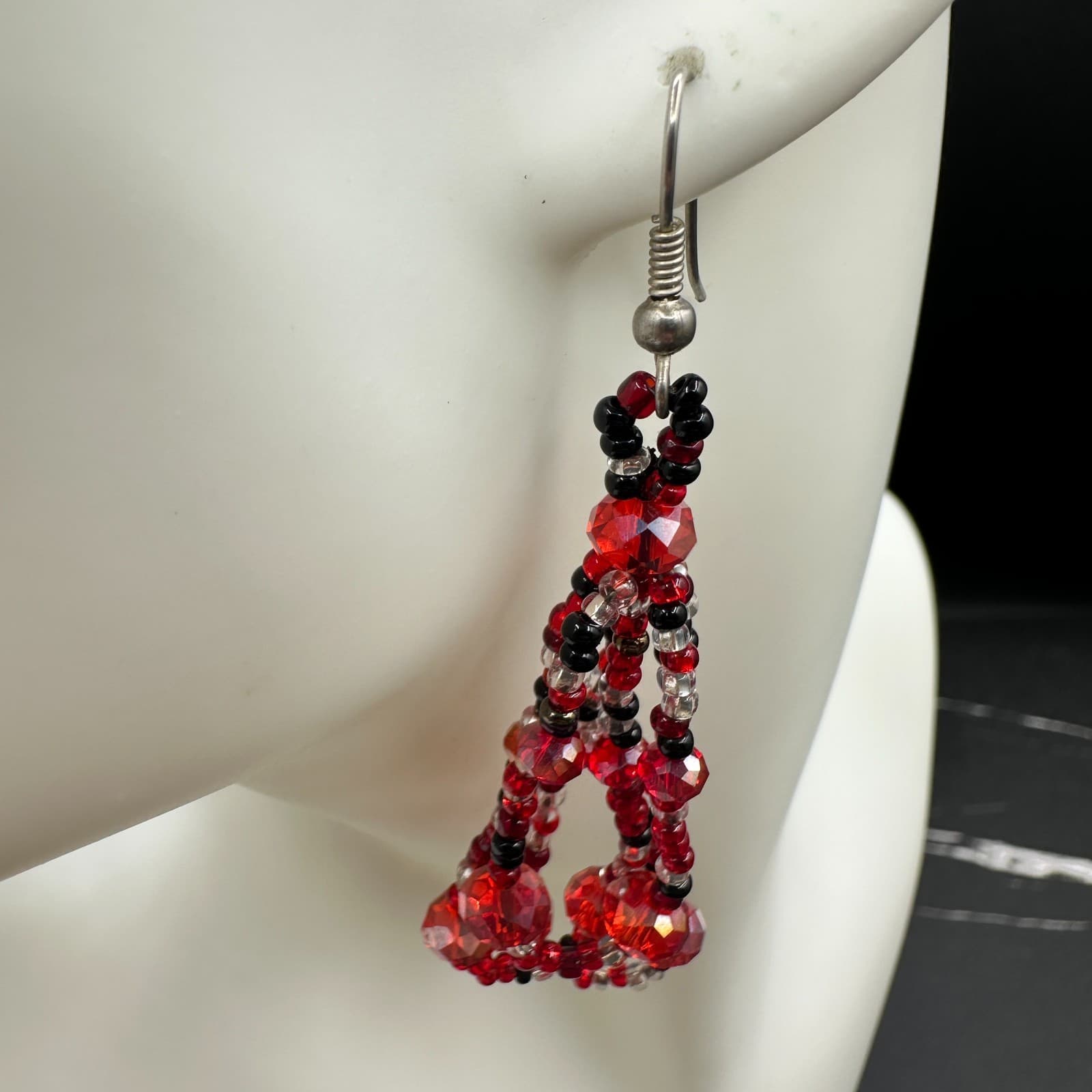 Contemporary Red Plastic Glass Faceted Beaded Dangle Spiral French Wire Earrings - Thumbnail 4