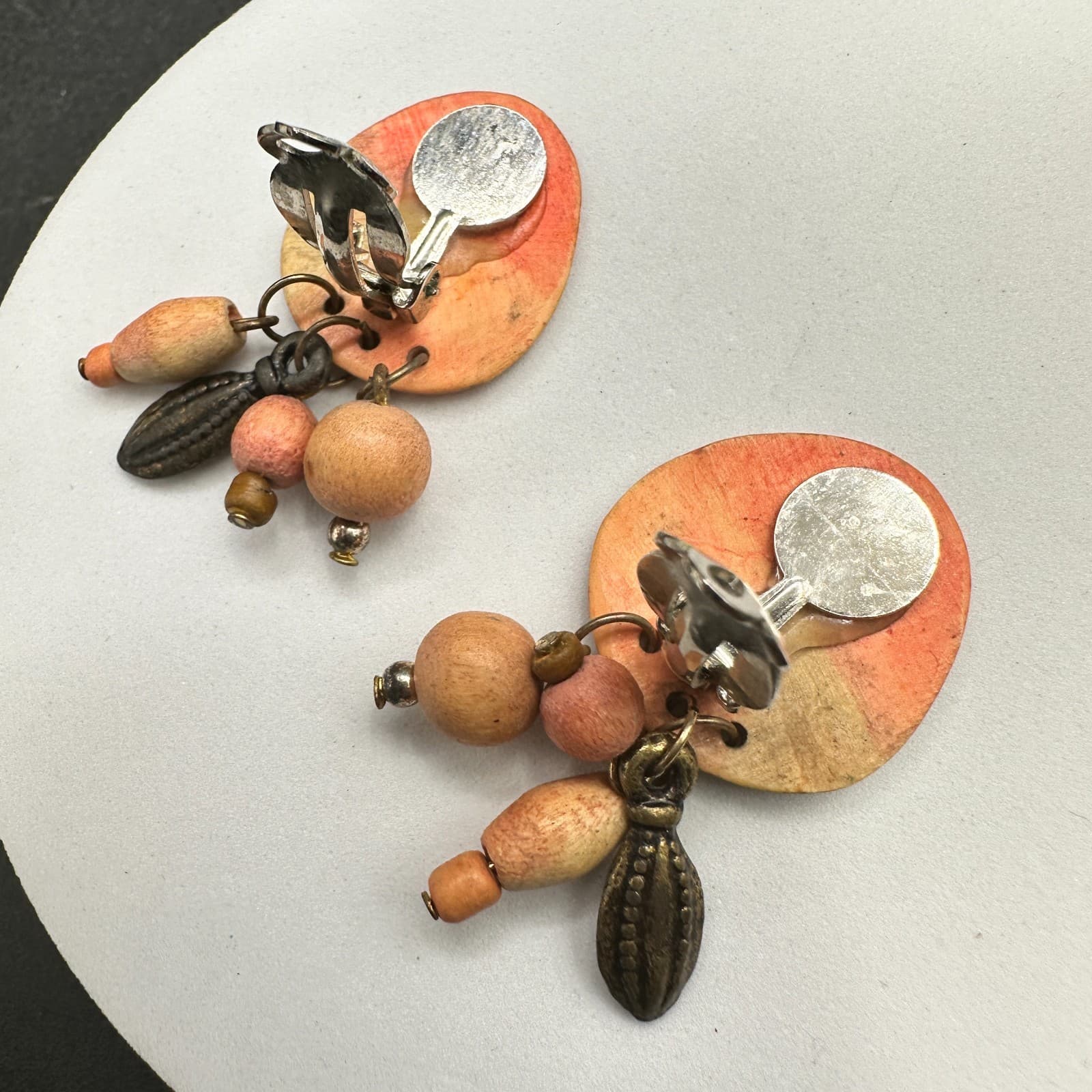 Vintage 90s Dangle Earrings Hand Painted Wooden Beaded Boho Women's Jewelry - Thumbnail 5