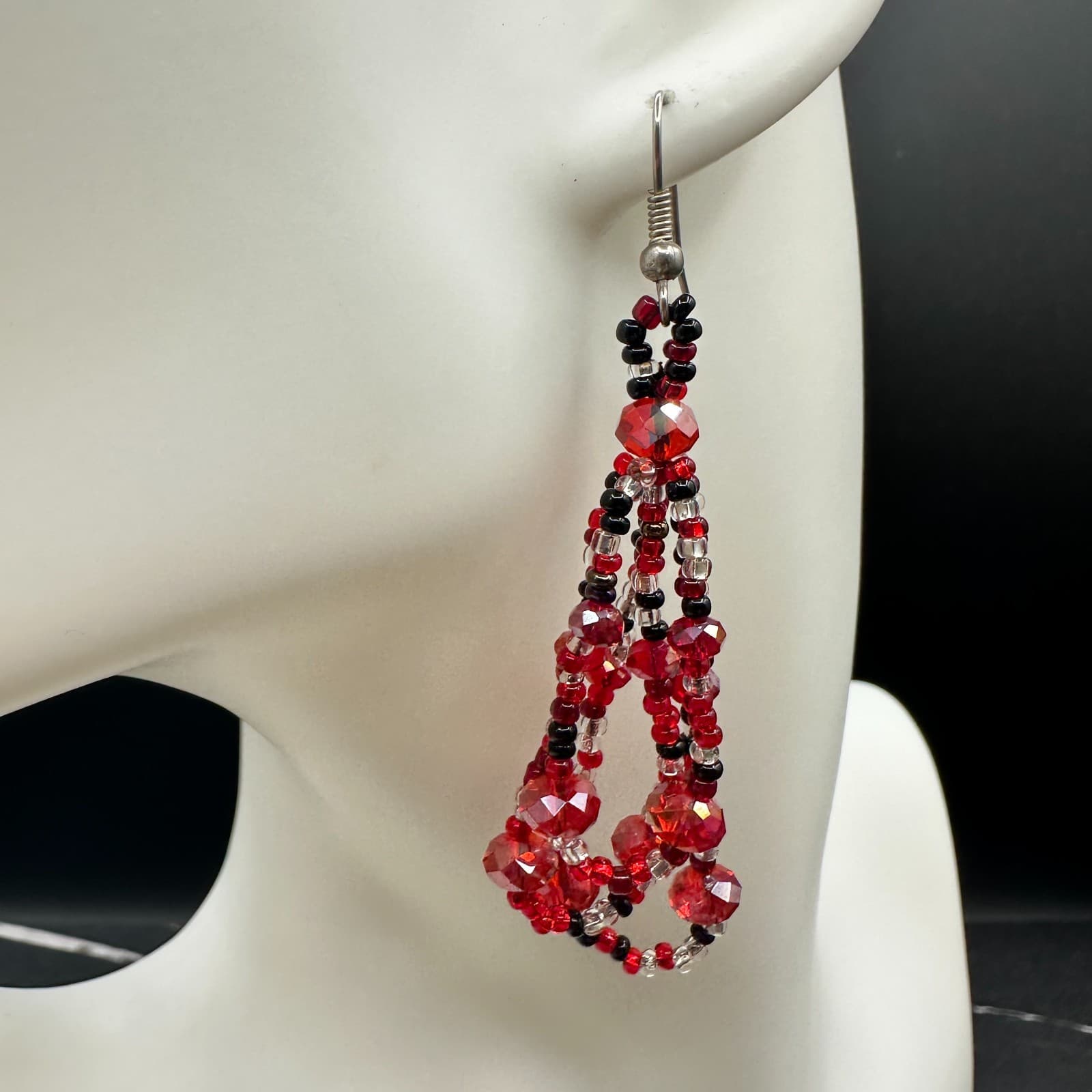 Contemporary Red Plastic Glass Faceted Beaded Dangle Spiral French Wire Earrings - Thumbnail 2