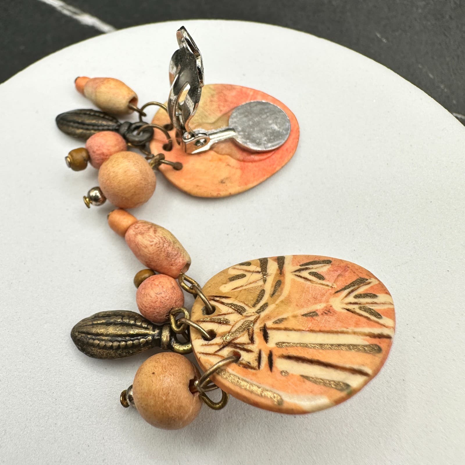 Vintage 90s Dangle Earrings Hand Painted Wooden Beaded Boho Women's Jewelry - Thumbnail 7