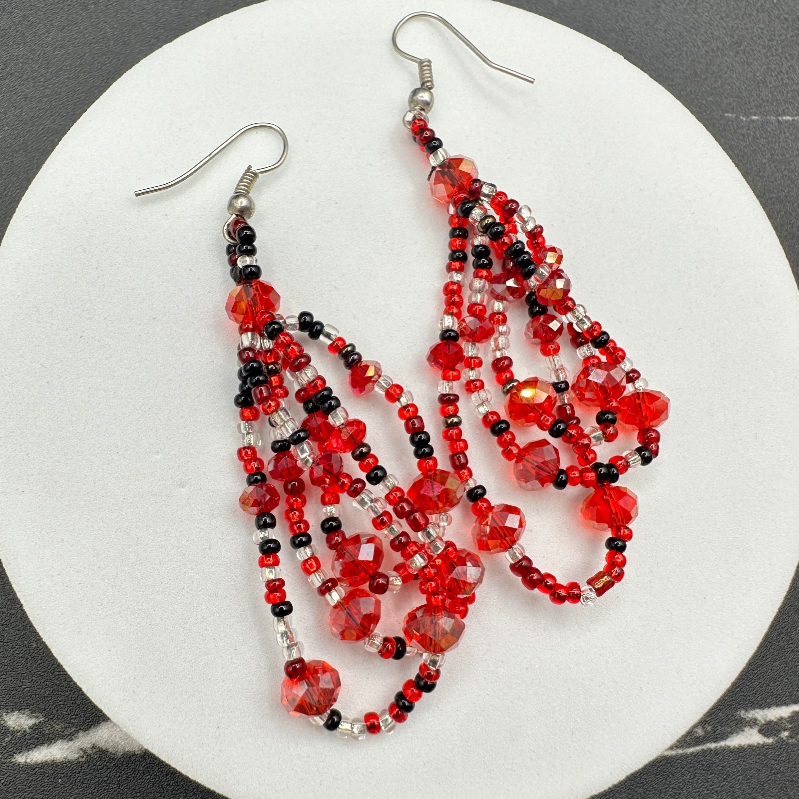 Contemporary Red Plastic Glass Faceted Beaded Dangle Spiral French Wire Earrings - Thumbnail 9