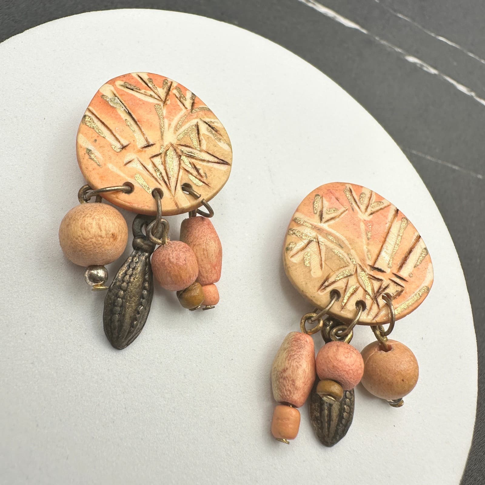 Vintage 90s Dangle Earrings Hand Painted Wooden Beaded Boho Women's Jewelry - Thumbnail 2
