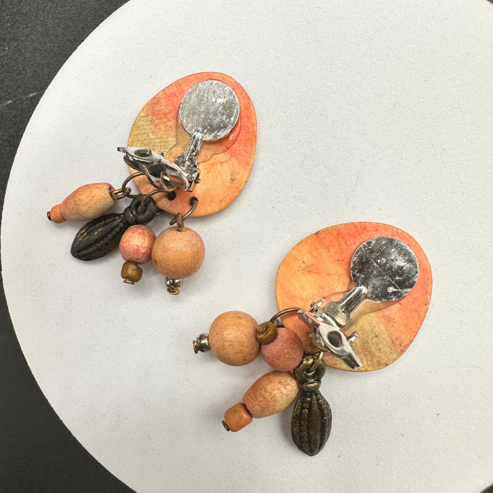 Vintage 90s Dangle Earrings Hand Painted Wooden Beaded Boho Women's Jewelry - Thumbnail 6