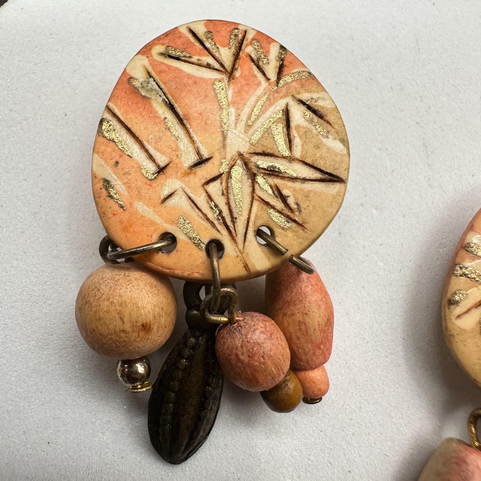 Vintage 90s Dangle Earrings Hand Painted Wooden Beaded Boho Women's Jewelry - Thumbnail 3