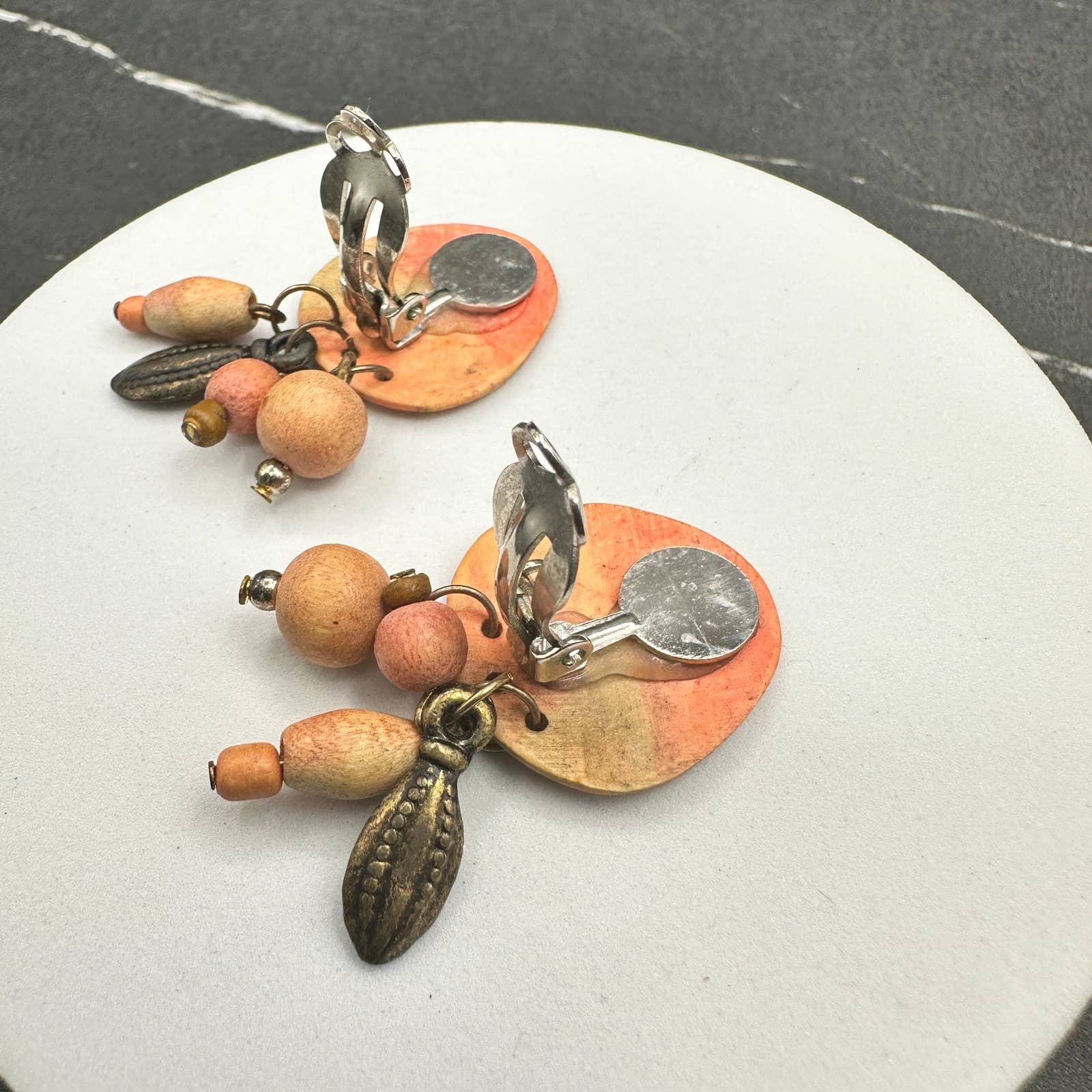 Vintage 90s Dangle Earrings Hand Painted Wooden Beaded Boho Women's Jewelry - Thumbnail 4