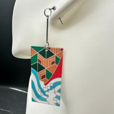 Long Multicolor Marbled Bead Dangle Earrings Blue Purple Drop Statement Hook - Thumbnail 3