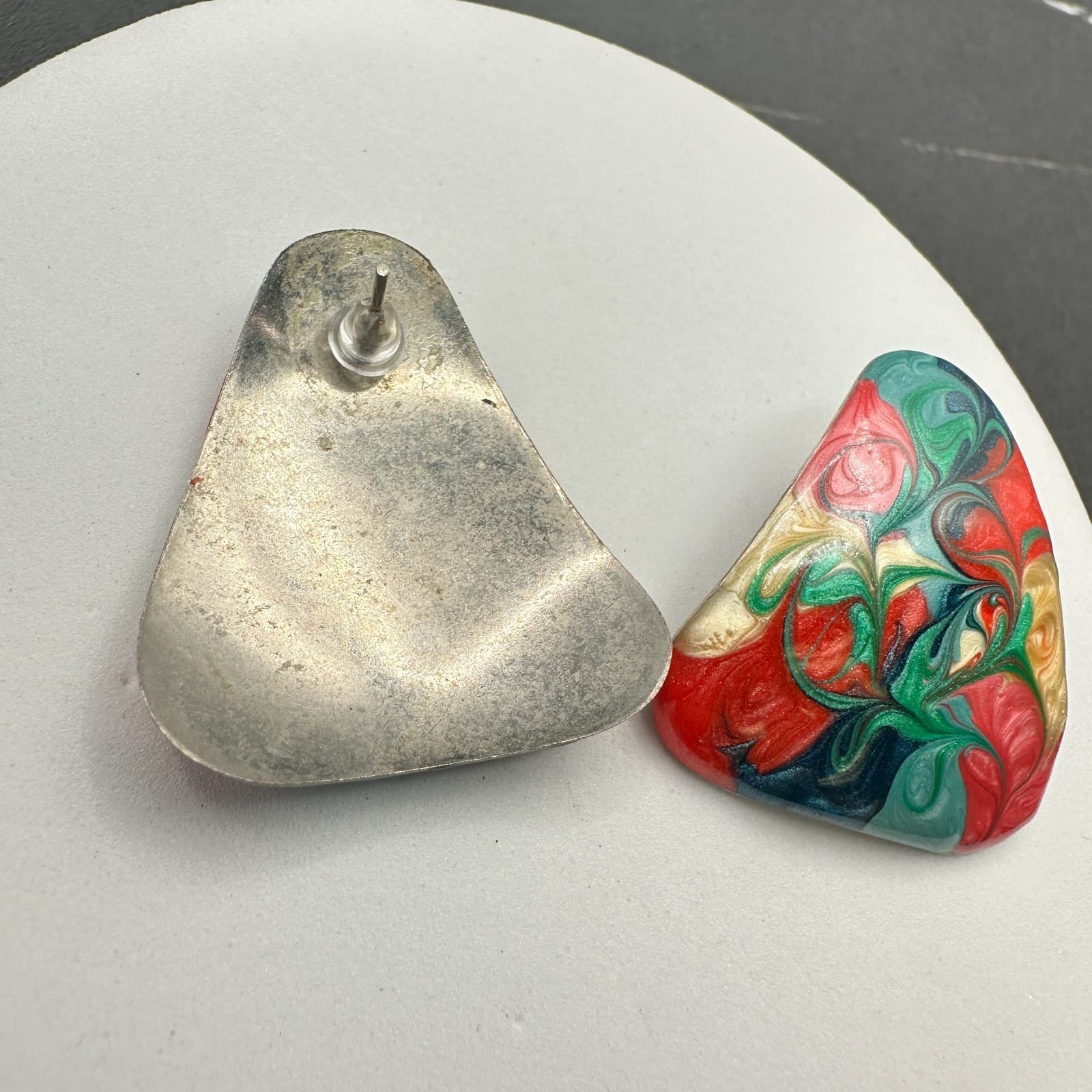 Vintage Multicolor Swirled Shimmer Marbled Abstract Post Screw-Back Earrings - Thumbnail 8