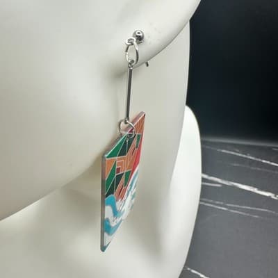 Long Multicolor Marbled Bead Dangle Earrings Blue Purple Drop Statement Hook - Thumbnail 4