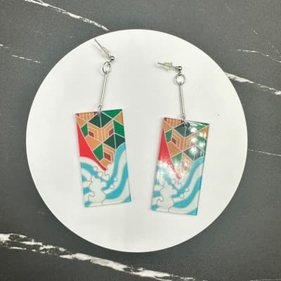Long Multicolor Marbled Bead Dangle Earrings Blue Purple Drop Statement Hook - Thumbnail 5
