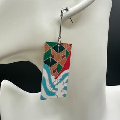 Long Multicolor Marbled Bead Dangle Earrings Blue Purple Drop Statement Hook - Thumbnail 2